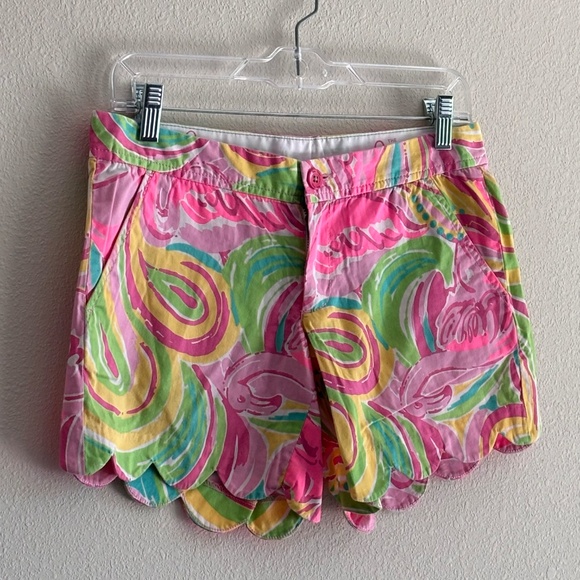 Lily Pulitzer Women's Floral Flamingo Print Scalloped Buttercup Shorts SZ 0 - Picture 2 of 9